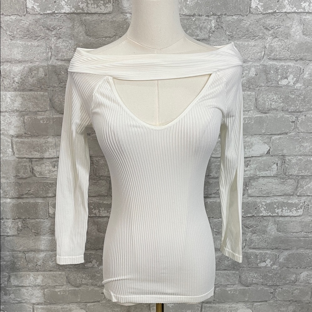 Free People White Find Me Ribbed
Cutout Long Sleeve Top